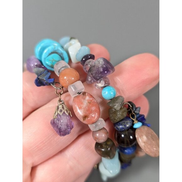 Multi Gemstone Bead Flex Wire Coil Wrap Bracelet 7" Amethyst Quartz - Picture 6 of 8